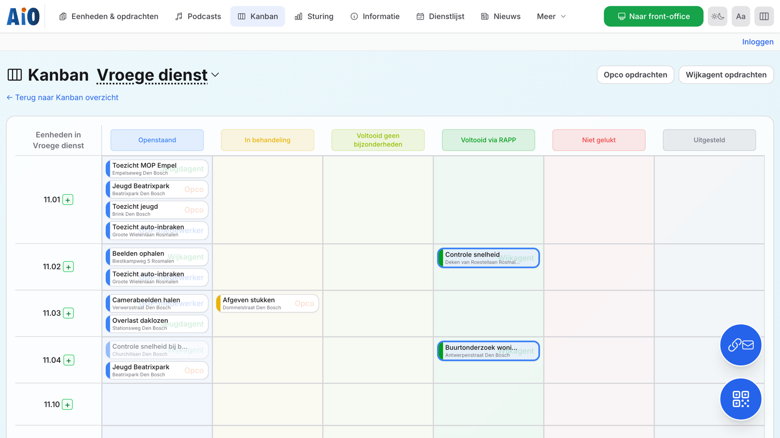 AIO Kanban-bord met opdrachten verdeeld over statuskolommen