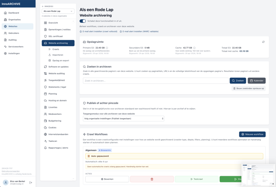 Website-archivering: opslag, zoeken in archieven en crawl-workflows.