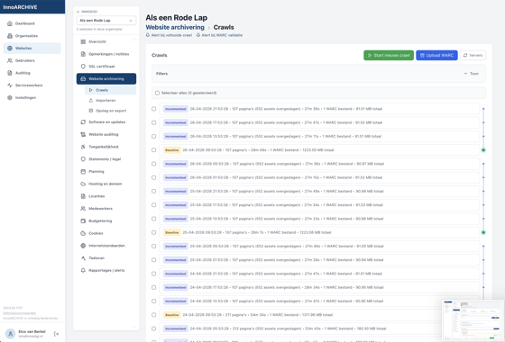 Lijst met crawls: incrementeel, baseline, WARC en acties.