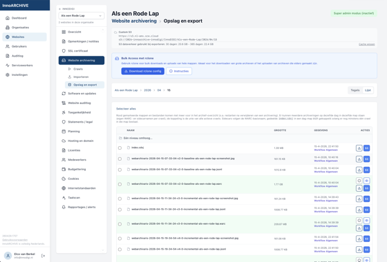 Opslag en export: mappen, WARC-bestanden en rclone.