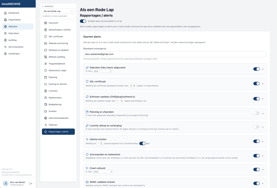 Rapportages en alerts: soorten meldingen en schakelaars per alert.
