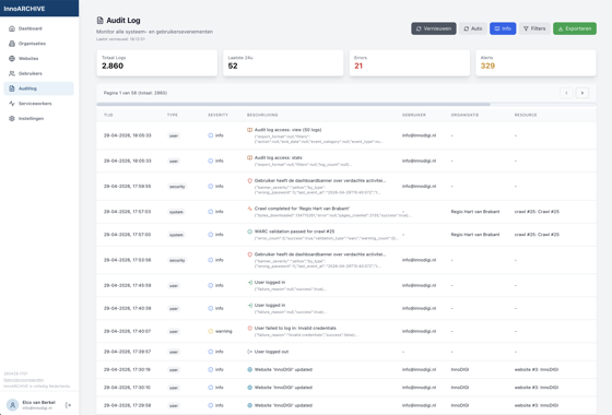 Systeem-auditlog met tijdlijn, filters en export.