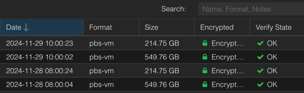 Screenshot van de Proxmox back-up lijst.
